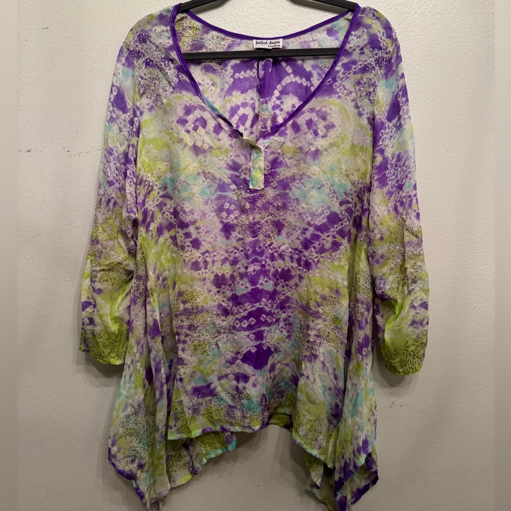 Juliet Dunn 100% Silk Multicolor Tie-Dye Tunic Top - Size 8/10